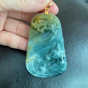 14K Solid Yellow Gold Carved Dragon Natural Jade 100% A Pendant Rectangle Men